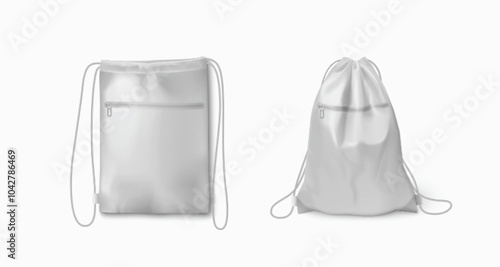 White backpack mockup with thin long drawstring for carrying gym clothes or school tools. Realistic 3d vector illustration set of blank soft fabric shoulder rucksack with string strap template.
