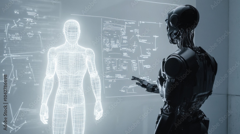 Robot analyzes holographic human with calculations. Robot analyzes holographic human with calculations.
