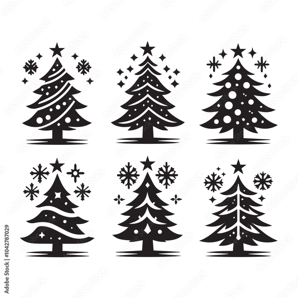 Obraz premium Black Silhouette and Cheerful Christmas 6 Set Tree Icons with Baubles, Stars, and Holly Decorations, Christmas elements