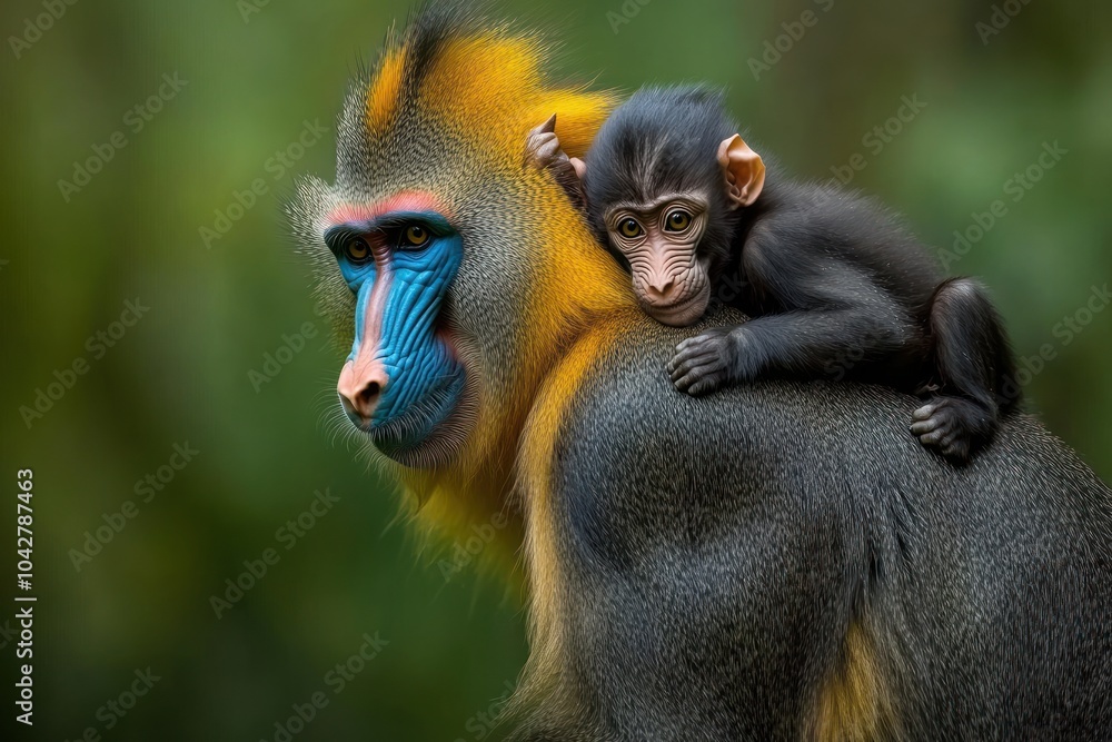 A colorful mandrill and its baby, showcasing a tender moment in nature. A colorful mandrill and its baby, showcasing a tender moment in nature.