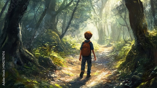 young adventurer exploring dense forest path