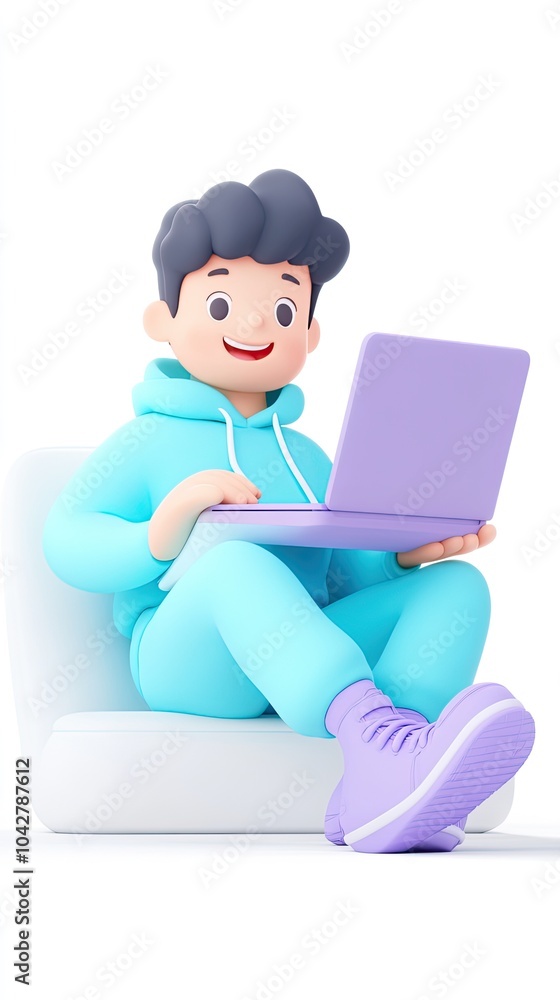 Naklejka premium 3D Icon of a Cartoon Male Character Wearing Blue, Lying on the Ground with a Laptop and Crossed Legs in Purple Shoes, Minimalist Design with Clay Material on White Background