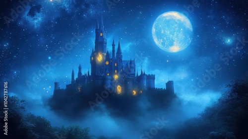 Enchanted castle glowing under a moonlit sky