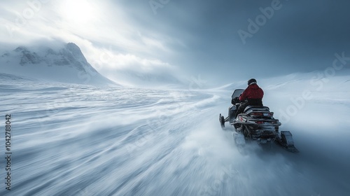 Snowy landscape with snowmobiler in motion blur