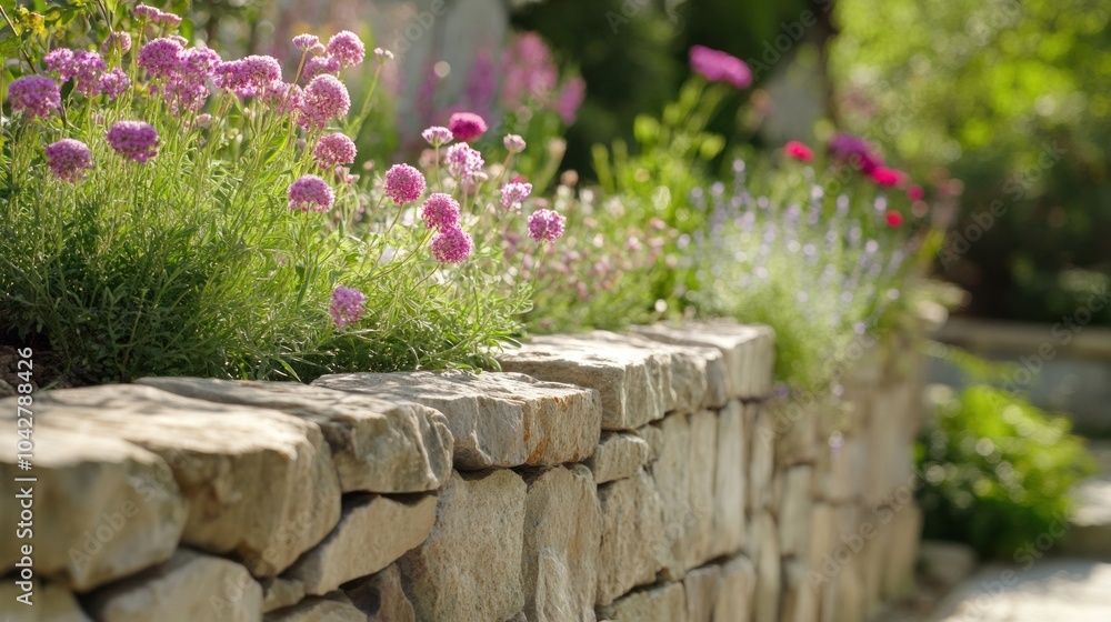 Stone Wall and Blooming Flowers in a Garden Stone Wall and Blooming Flowers in a Garden