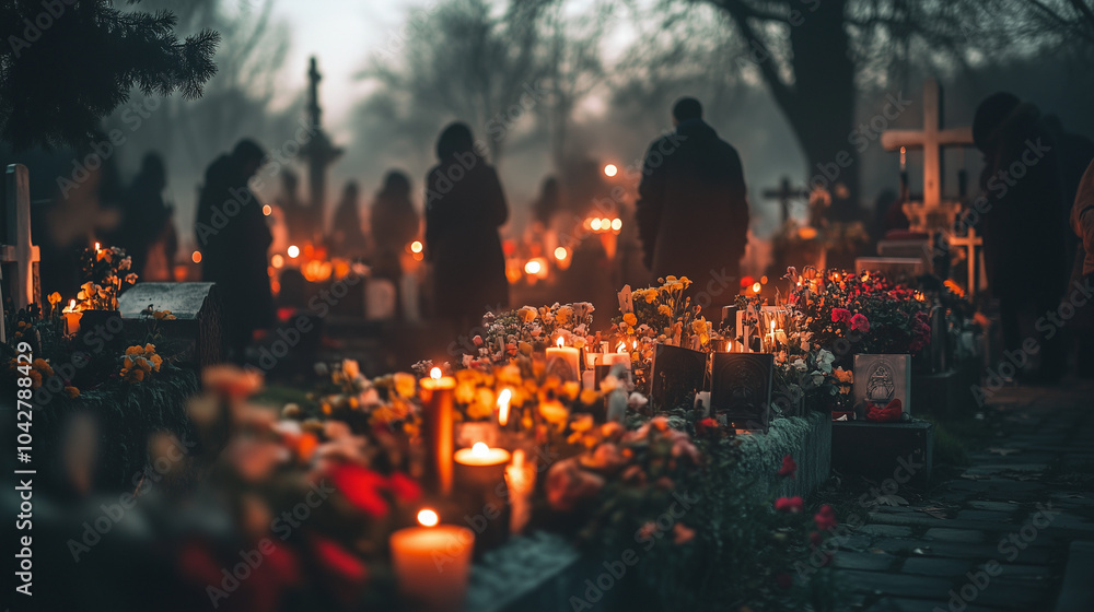 Fototapeta premium All Saints' Day, a serene atmosphere in the cemetery with candles lit on graves, people praying and carrying flowers, Ai generated images