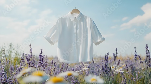 Crisp White Shirt Floating Amidst Lush Lavender and Daisy Flowers on Pastel Background photo