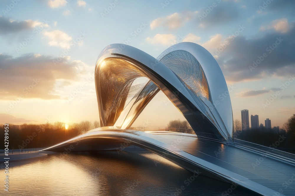 futuristic sleek modern bridge with arch structure made of steel and glass in city park futuristic sleek modern bridge with arch structure made of steel and glass in city park