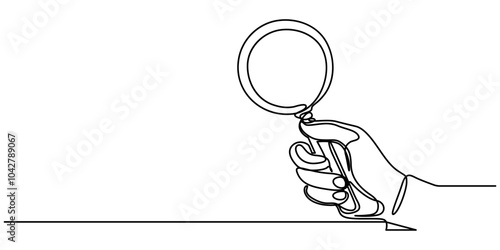 Continuous line drawing of magnifying glass. Hand holding magnifying glass line art drawing vector illustration, One continuous line illustration of hand holding magnifying glass. Continuous line draw