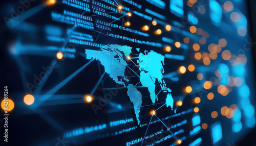Digital world map with glowing network connections