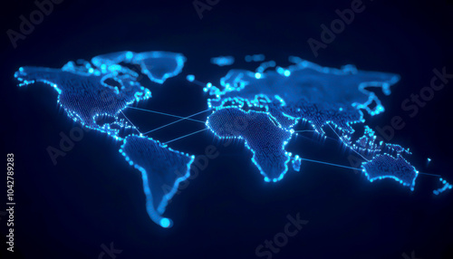 Glowing world map on dark background, representing global connectivity.