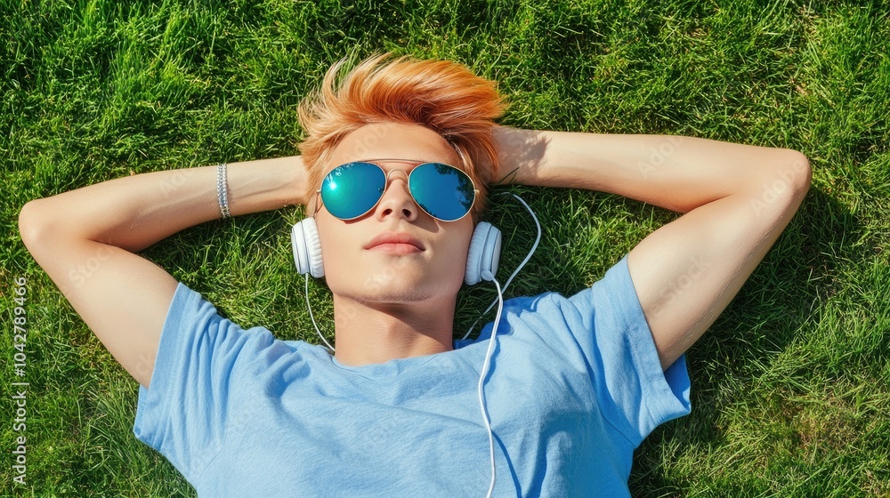 Teenager Relaxing on Grass in Sunny Park Teenager Relaxing on Grass in Sunny Park