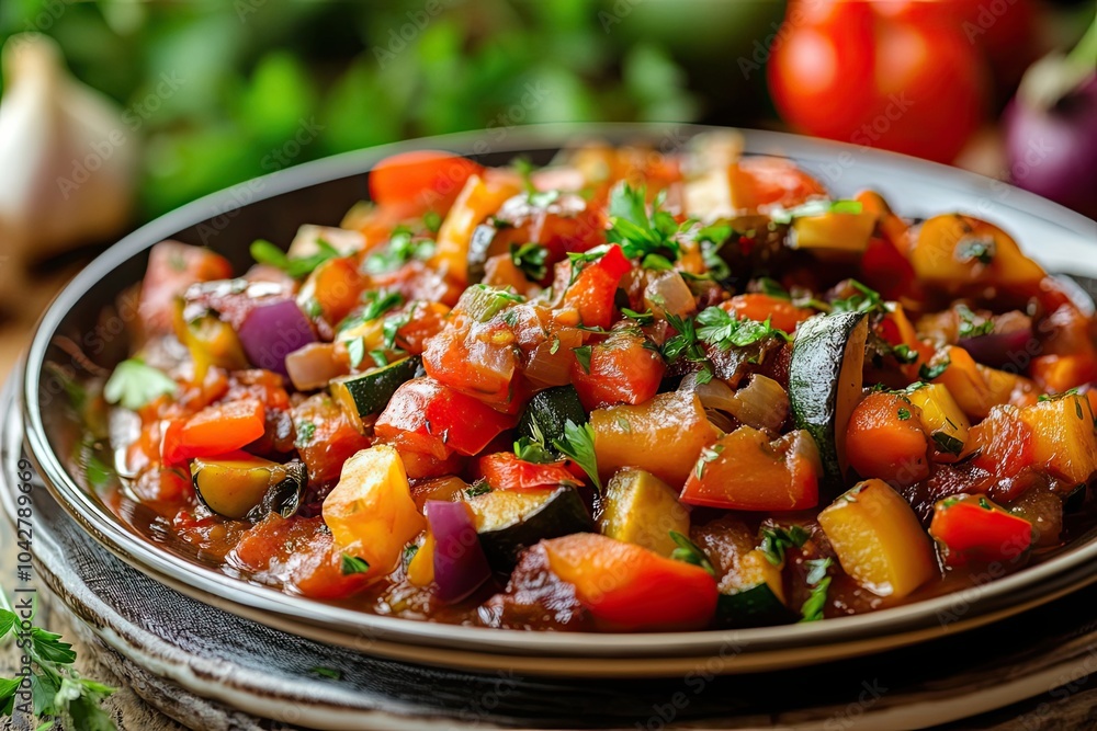 Close-up of a Plate of Savory Ratatouille with Parsley Garnish Close-up of a Plate of Savory Ratatouille with Parsley Garnish