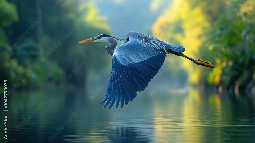 A heron gracefully flying over a serene river surrounded by lush greenery. A heron gracefully flying over a serene river surrounded by lush greenery.