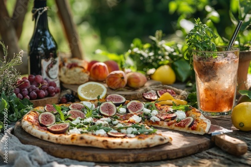 A fresh pizza with herbs and fruits on a wooden table. A refreshing drink is nearby. Chill vibes and nature create a perfect outdoor meal setting. Generative AI photo