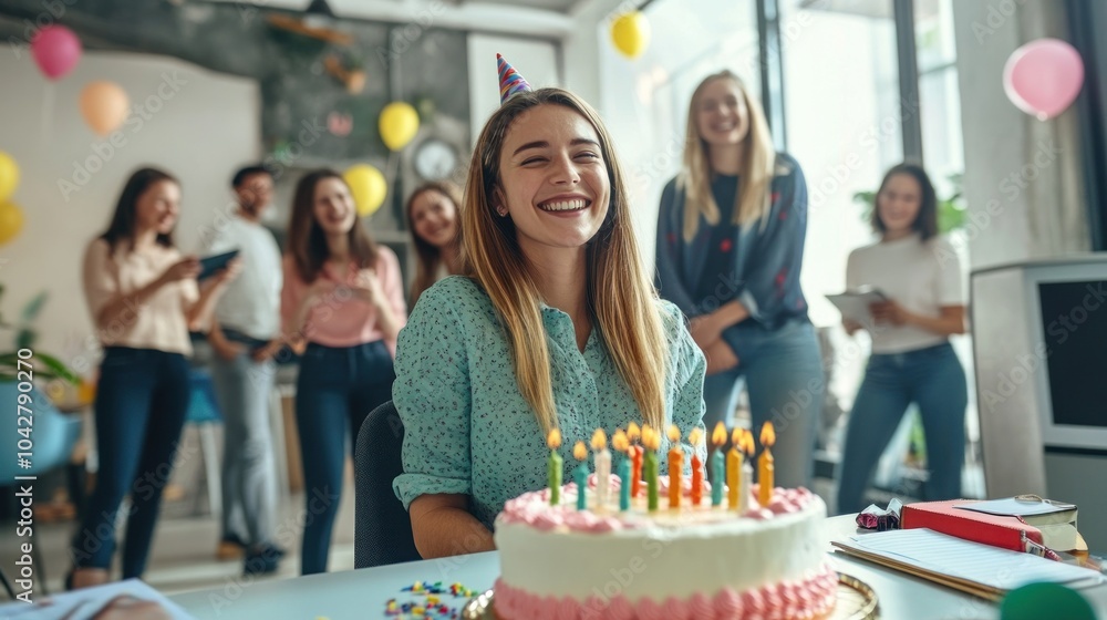 Cheerful office birthday with colorful cake and friends