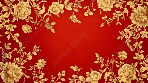 Elegant Traditional Chinese Floral Pattern in Golden Hues on Rich Red Background