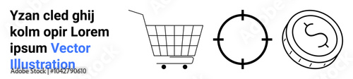 Three elements are highlighted shopping cart target symbol and currency coin. Ideal for e-commerce digital marketing shopping efficiency finance and customer targeting. Banner for landing page