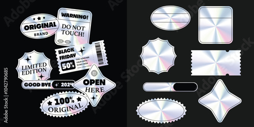 Holographic stickers. Hologram labels of different shapes. Sticker shapes for design mockups. Holographic textured stickers for preview tags, labels. Vector illustration