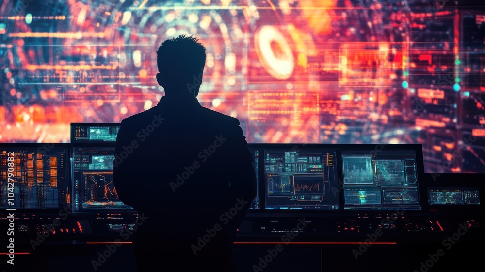 A silhouetted figure stands before a high-tech control panel displaying vibrant data visuals. A silhouetted figure stands before a high-tech control panel displaying vibrant data visuals.