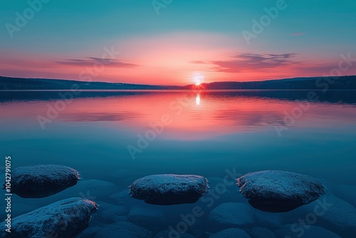 A Serene Lake at Sunset with Rocks in the Foreground