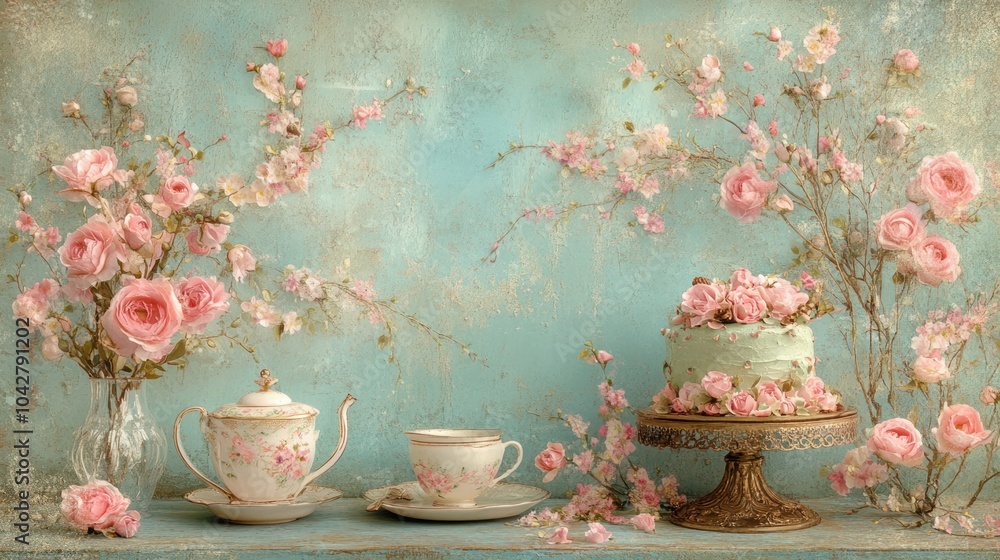 A charming display of floral teacups, a teapot, and a decorated cake on a pastel background. A charming display of floral teacups, a teapot, and a decorated cake on a pastel background.