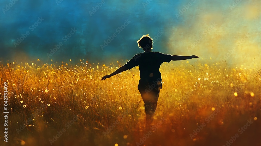 Joyful silhouette runner in golden field, warm sunset sky.