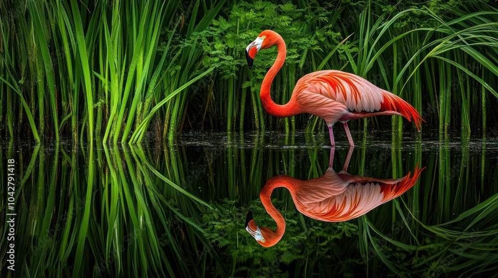 Fototapeta premium A vibrant flamingo stands beside a reflective water surface amidst lush green vegetation.