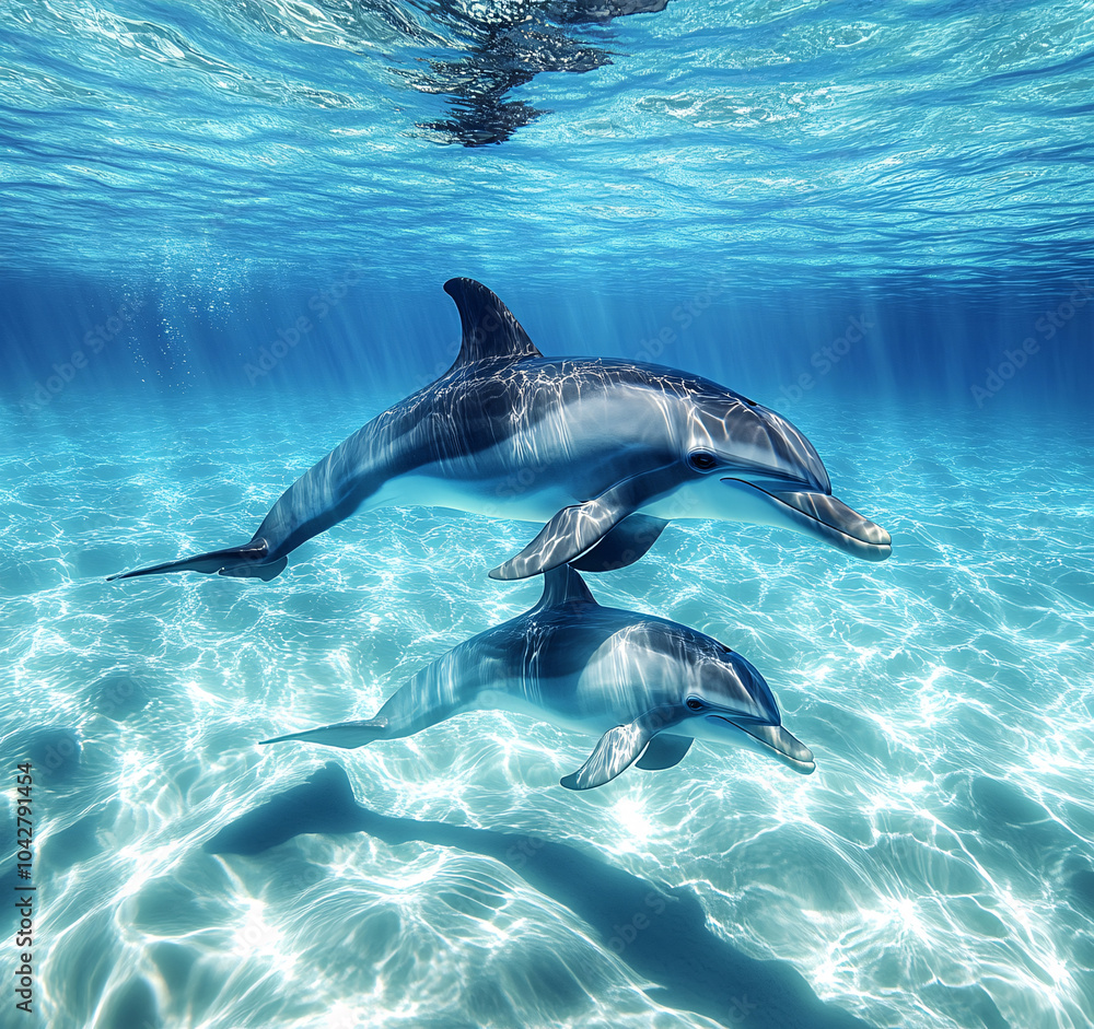 Fototapeta premium Dolphin in the underwater world. Underwater dolphin. Dolphin underwater. Dolphin undersea, Dolphins Leaping