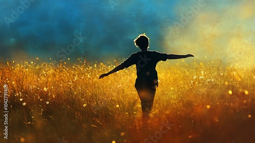 Obraz na płótnie Joyful silhouette runner in golden field, warm sunset sky. w salonie