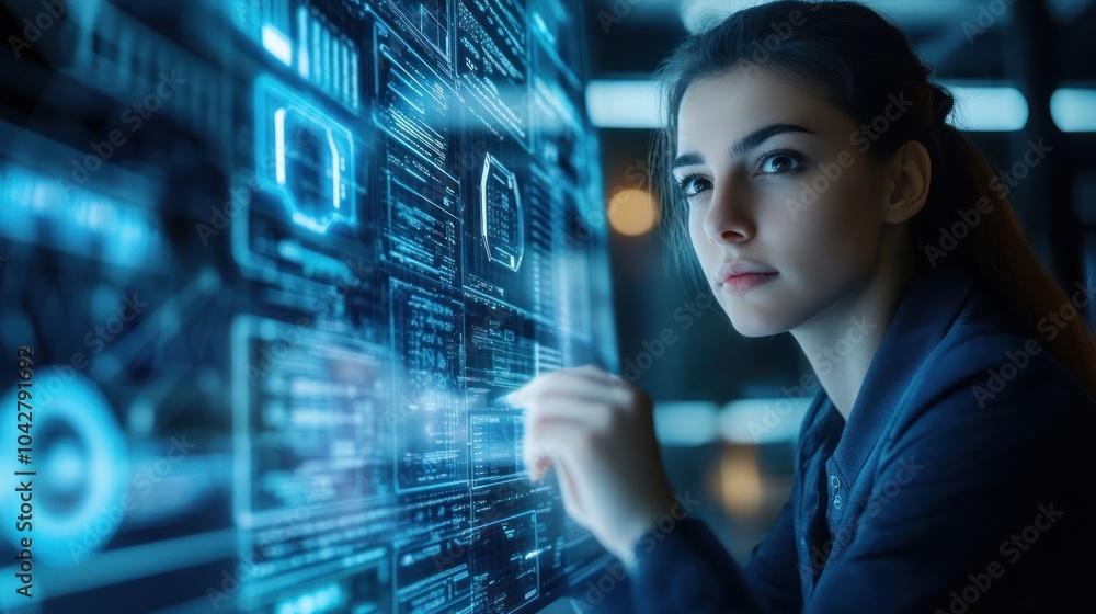 A woman interacting with a digital interface displaying data and technology concepts. A woman interacting with a digital interface displaying data and technology concepts.