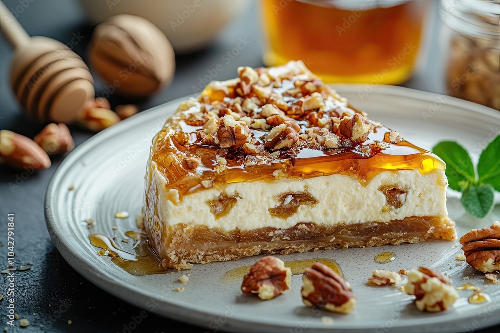 A Slice of Honey-Glazed Pecan Cheesecake on a White Plate A Slice of Honey-Glazed Pecan Cheesecake on a White Plate