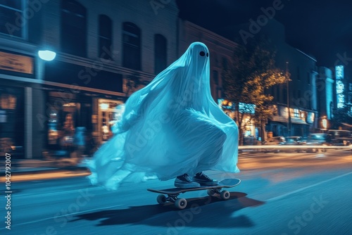 Ghostly figure skateboards through bustling night city photo