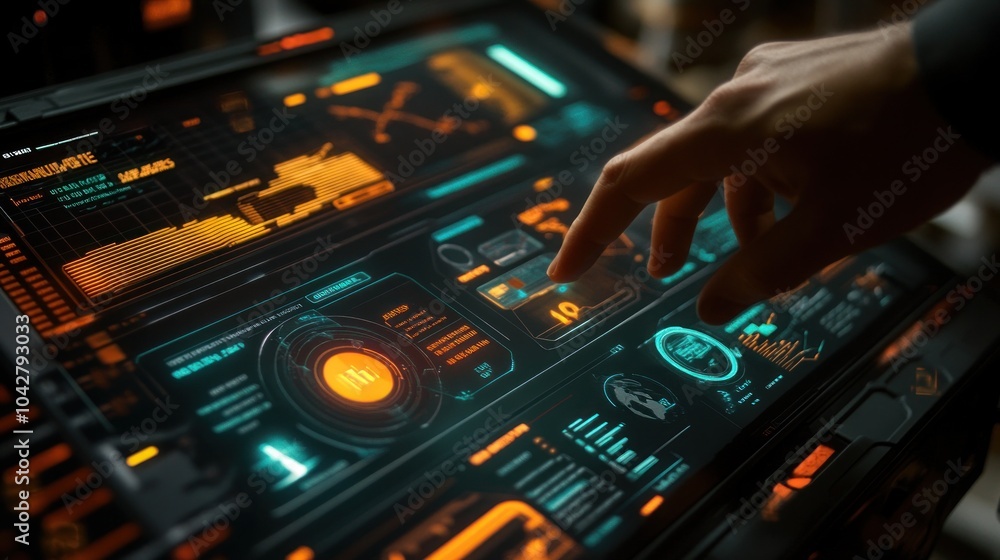 Obraz premium A hand interacts with a futuristic tablet display, filled with digital data and interface elements.