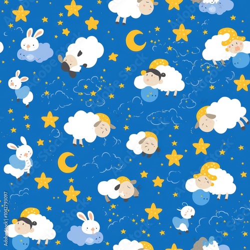 Fluffy Farmyard Animals Under Dreamy Stars Pattern