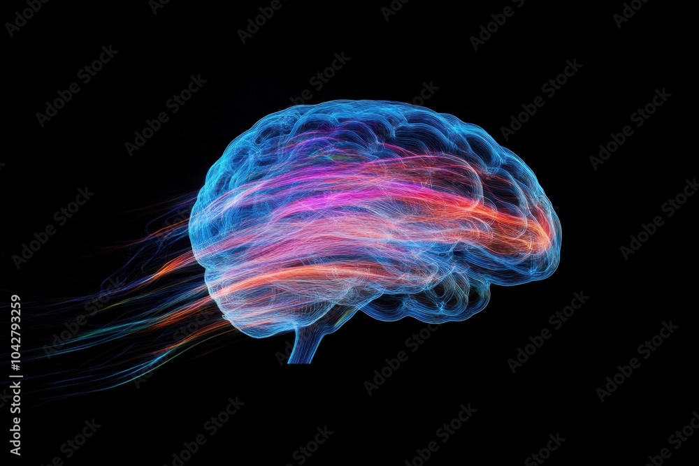 An abstract representation of a brain with colorful light trails indicating neural activity, set against a black background, emphasizing the dynamic nature of thought and cognitive processes. An abstract representation of a brain with colorful light trails indicating neural activity, set against a black background, emphasizing the dynamic nature of thought and cognitive processes.