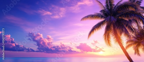 A serene sunset over the ocean with palm trees, creating a tranquil beach atmosphere.