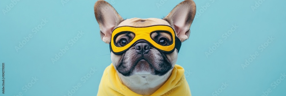 A French Bulldog wearing a yellow hoodie and goggles against a blue background. A French Bulldog wearing a yellow hoodie and goggles against a blue background.