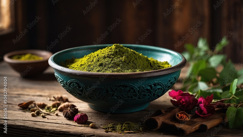 Henna Powder and Dried Leaves in Clay Bowl on Wooden Table - Fashion Photography Henna Powder and Dried Leaves in Clay Bowl on Wooden Table - Fashion Photography