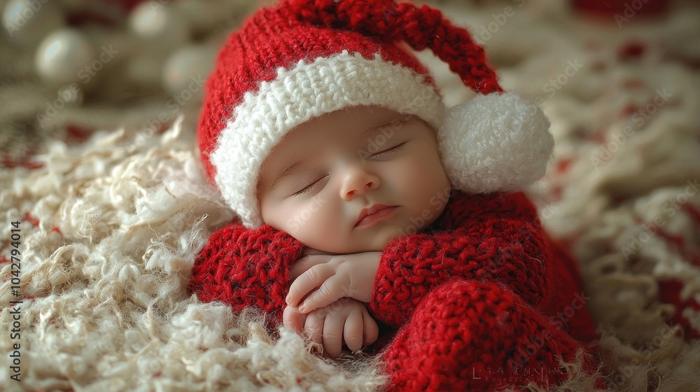 Infant peacefully asleep in red knit cap and sweater Infant peacefully asleep in red knit cap and sweater