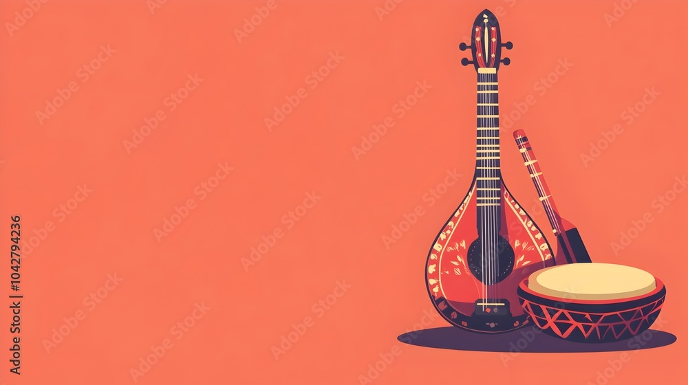 Traditional Indian Musical Instruments in Vibrant Flat Traditional Indian Musical Instruments in Vibrant Flat