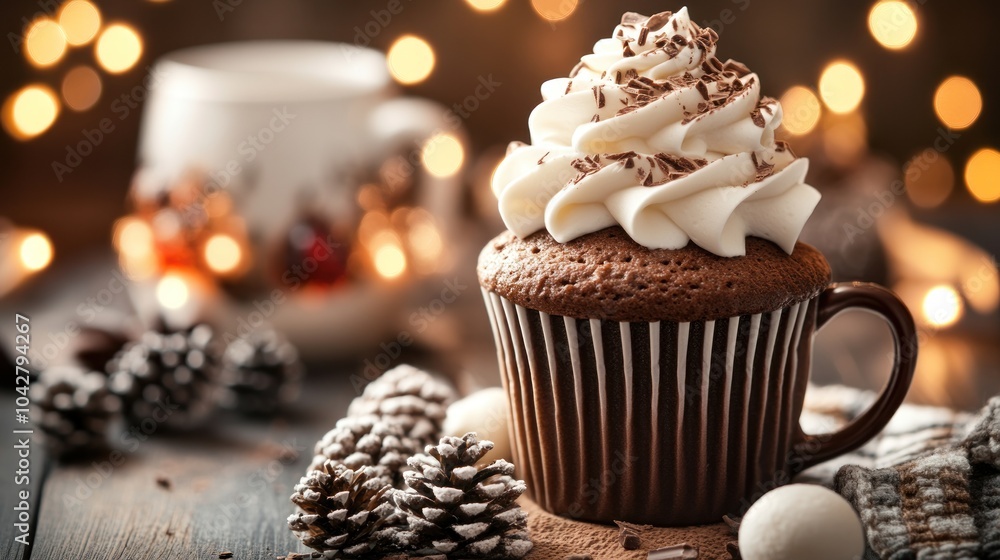 A cozy chocolate cupcake topped with whipped cream and sprinkles, set against festive lights. A cozy chocolate cupcake topped with whipped cream and sprinkles, set against festive lights.