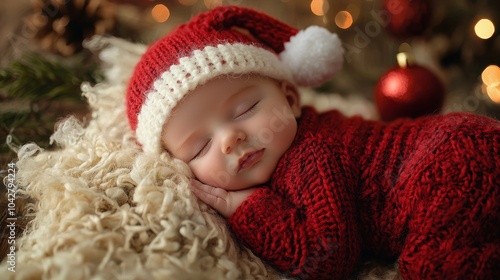 Adorable baby in red suit sleeping peacefully on fur