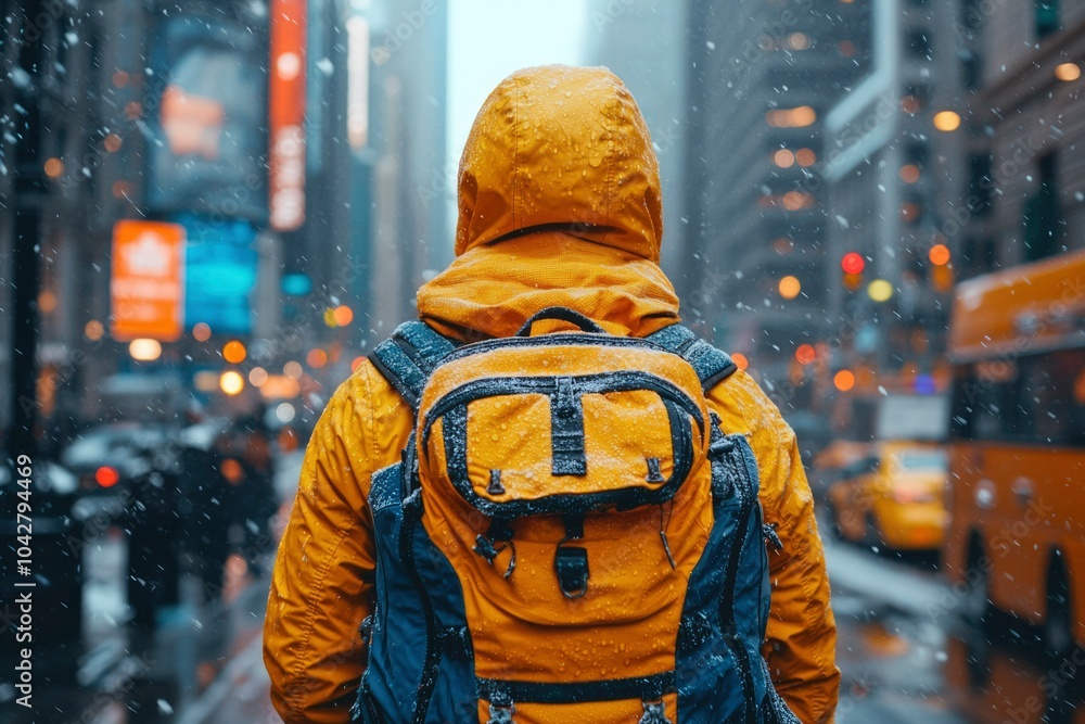 Person in Yellow Jacket Walking in Snow-Filled City Street Person in Yellow Jacket Walking in Snow-Filled City Street