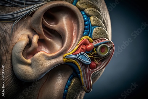 Detailed Ear Anatomy Diagram with Tilt-Shift Photography for Educational Purposes