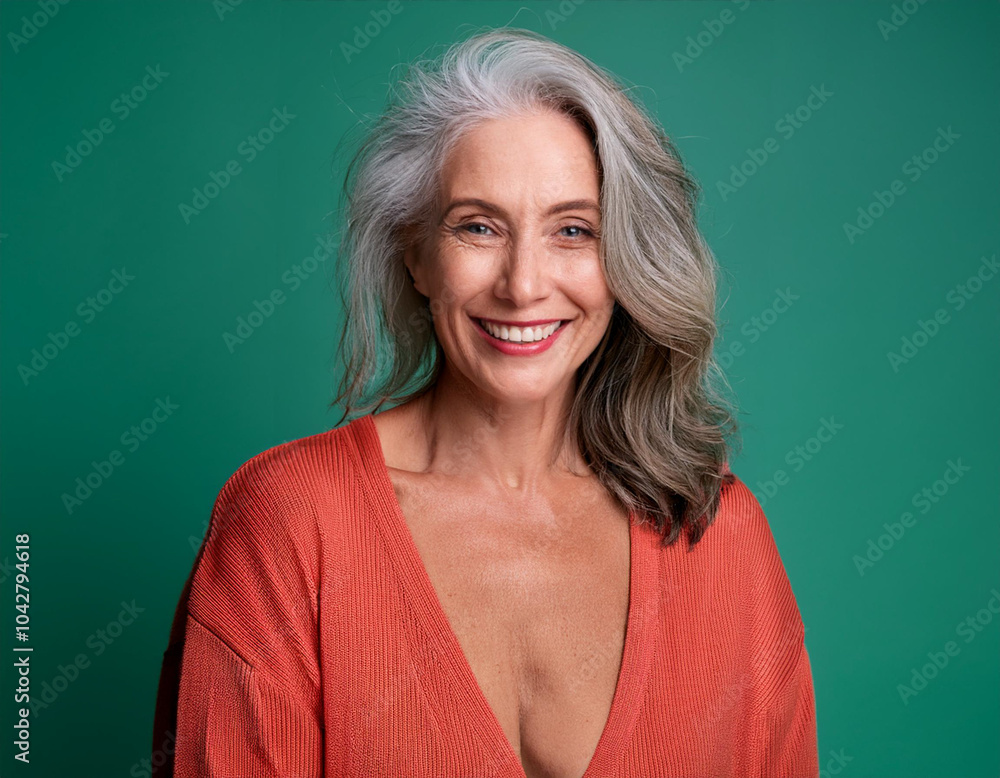 Studio Portrait of Beautiful Mature Woman Happily Smiling Against Green Background Studio Portrait of Beautiful Mature Woman Happily Smiling Against Green Background