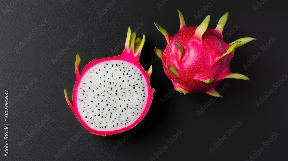 Vibrant Dragon Fruit Halved on Black Background Vibrant Dragon Fruit Halved on Black Background