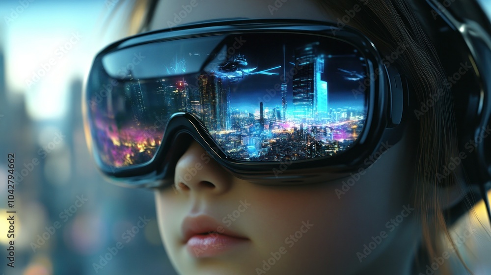 Modern neon cityscape inside VR goggles on child's face. Modern neon cityscape inside VR goggles on child's face.