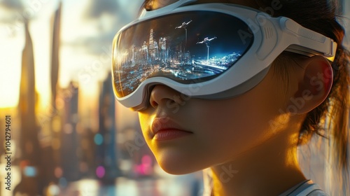 Future city and child linked through immersive VR tech