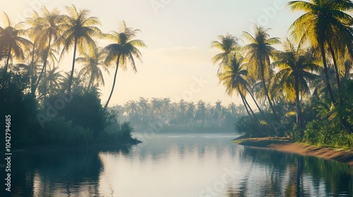 Peaceful Indian Landscape with Palm Trees and Serene River Reflection